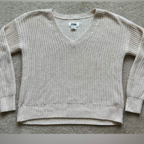 Victorias Secret Pink Heritage V Neck Sweater Cream Oversize Knit Pullov… - Picture 5 of 6